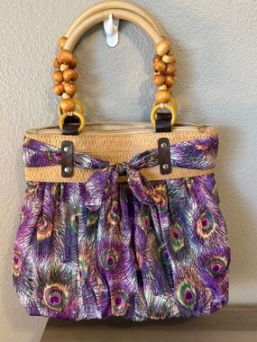 Shoreline Woven Straw Tote with Purple Peacock-Print Fabric